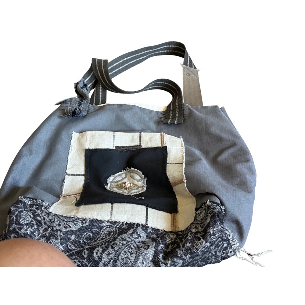 Handmade Patchwork Tote Bag Grey Paisley Floral Embellished Boho Artsy  Bag